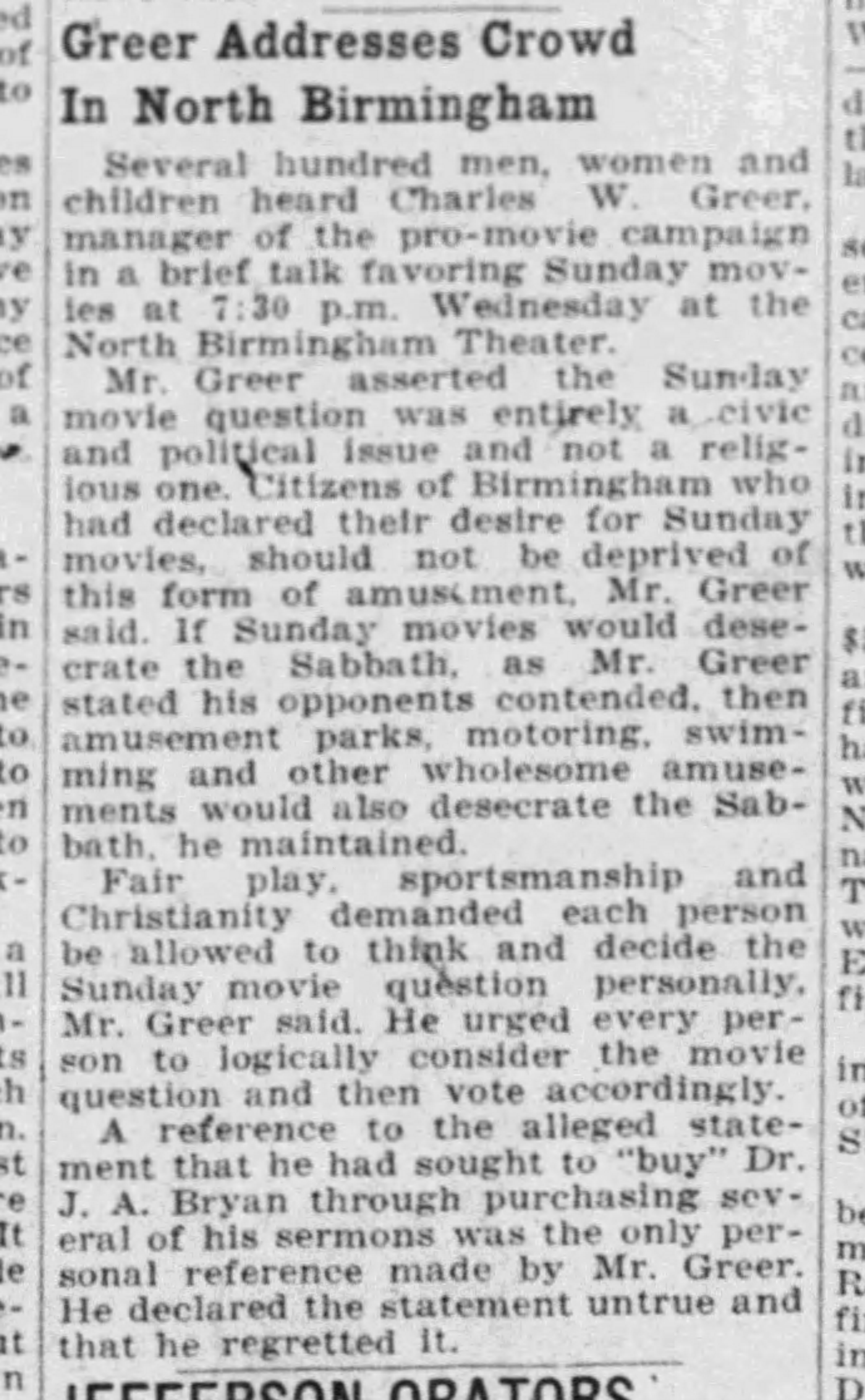 Greer Addresses Crowd in North Birmingham